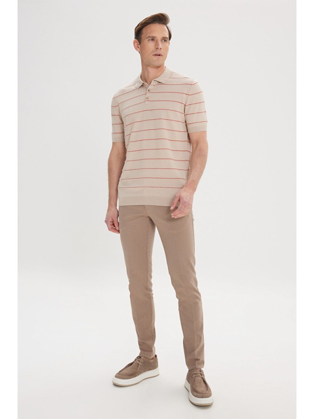 Erkek Bej Slim Fit Dar Kesim Yan Cepli Pamuklu Esnek Armürlü Pantolon