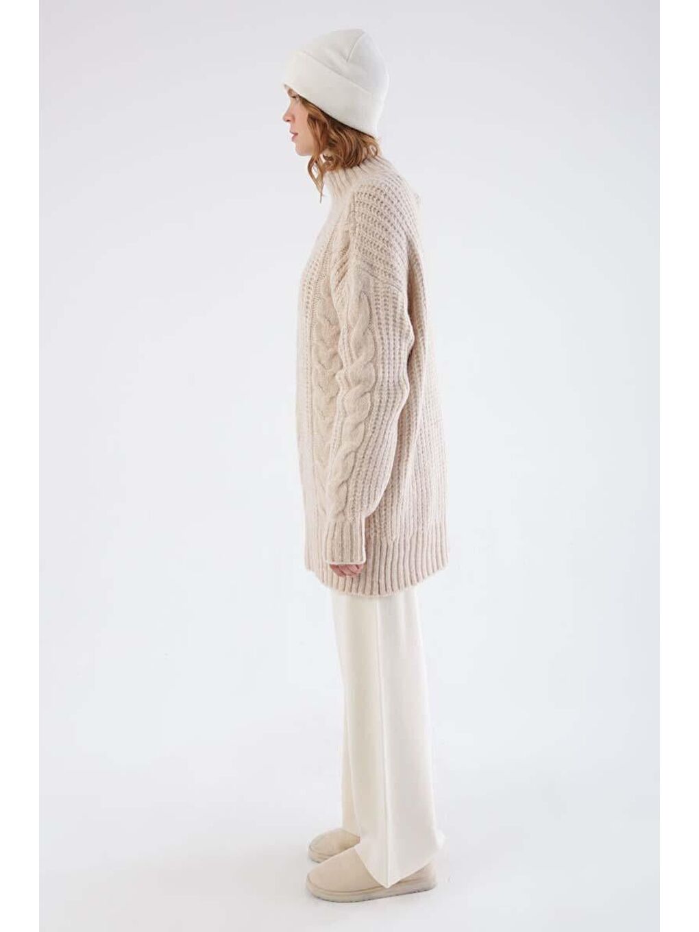 Ekru Saç Örgülü Triko Kazak-2