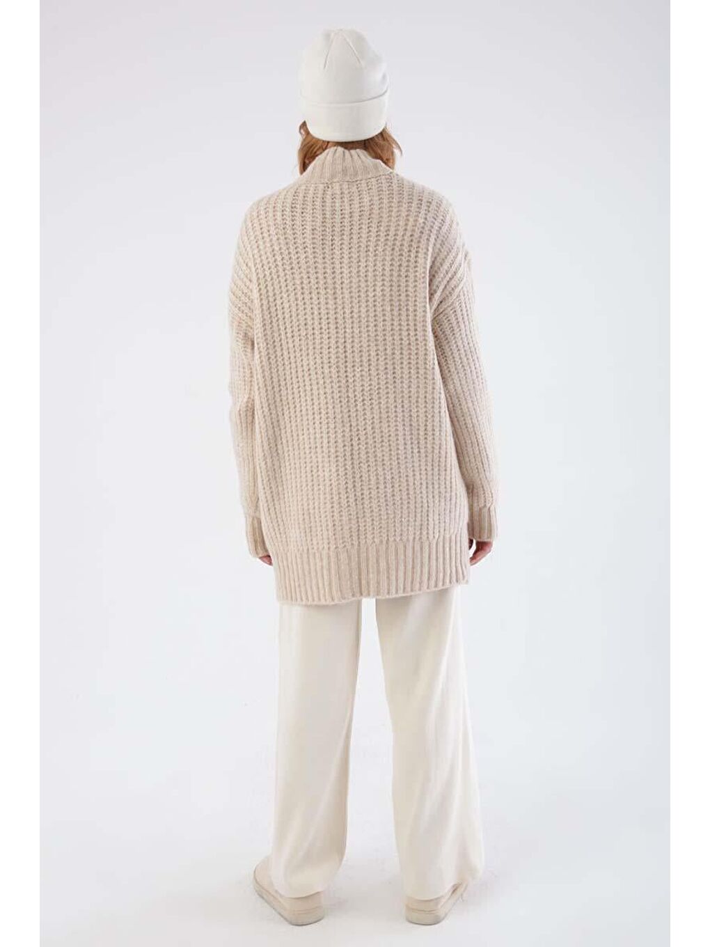 Ekru Saç Örgülü Triko Kazak-3