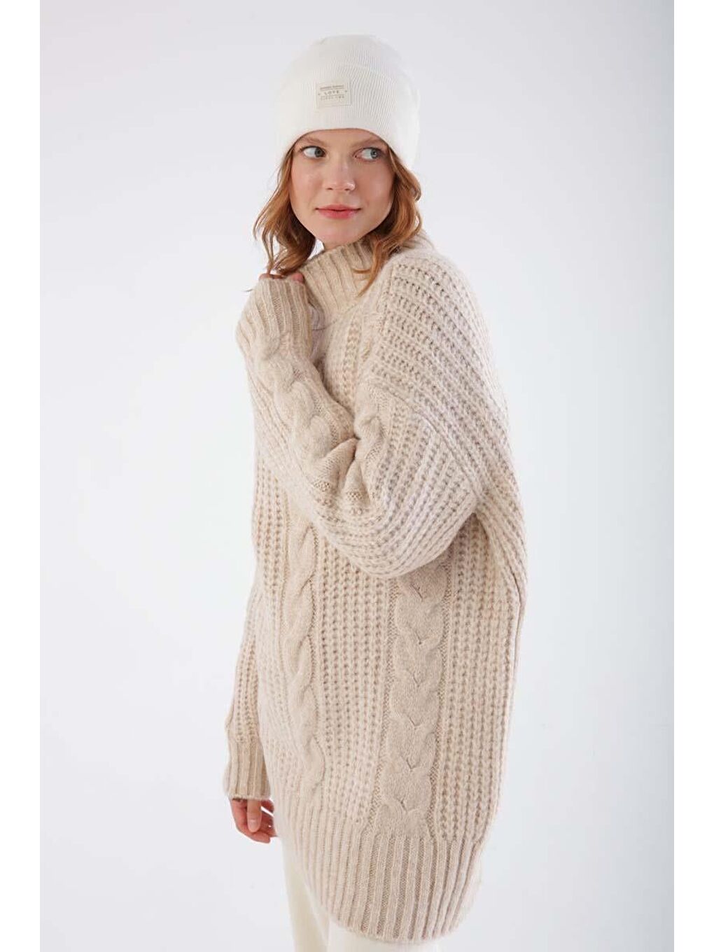 Ekru Saç Örgülü Triko Kazak-4