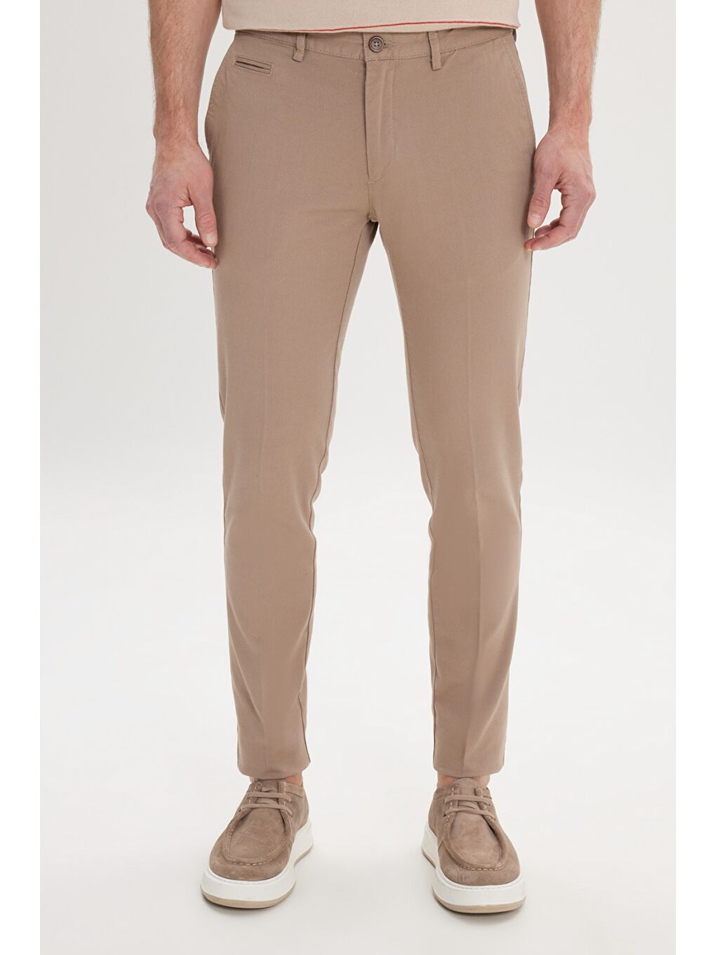 Erkek Bej Slim Fit Dar Kesim Yan Cepli Pamuklu Esnek Armürlü Pantolon-1