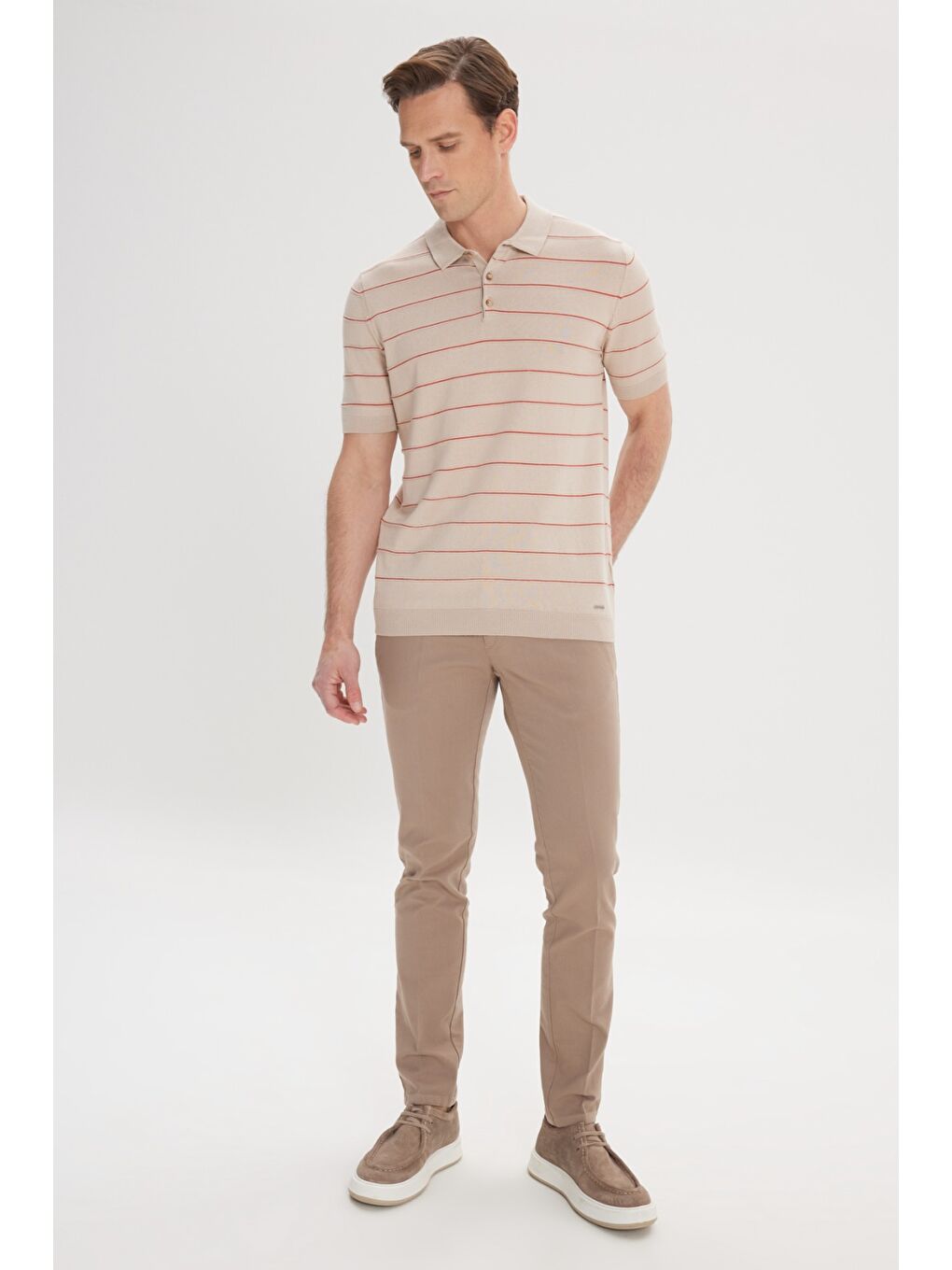 Erkek Bej Slim Fit Dar Kesim Yan Cepli Pamuklu Esnek Armürlü Pantolon-2