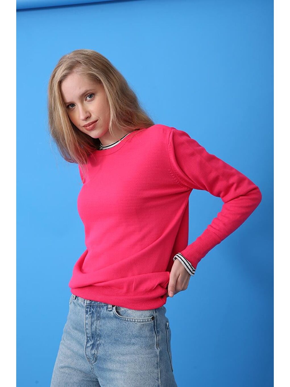 Fuşya Bisiklet Yaka Triko Kazak-3