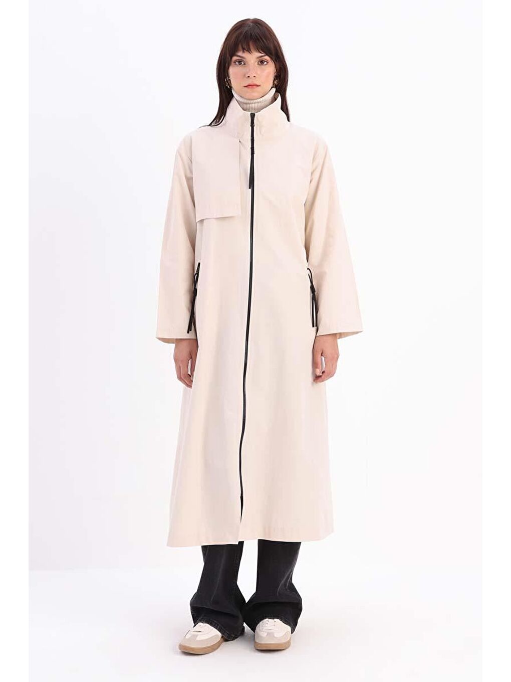 Bej Taş Rüzgarlıklı Fermuarlı Trençkot-1