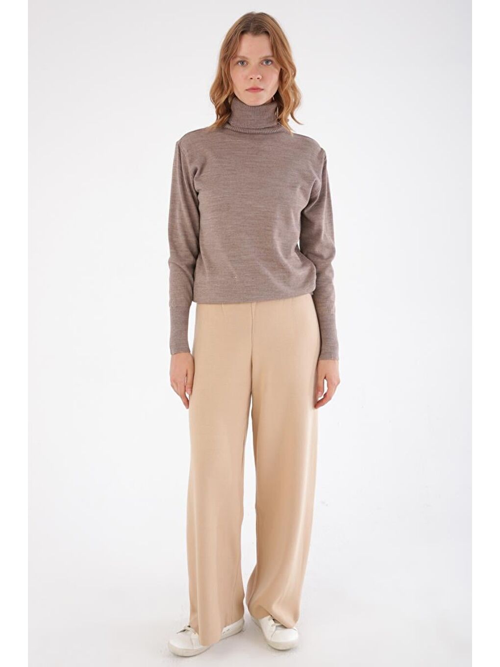 Bej Vizon Balıkçı Yaka Kısa Triko Kazak-1