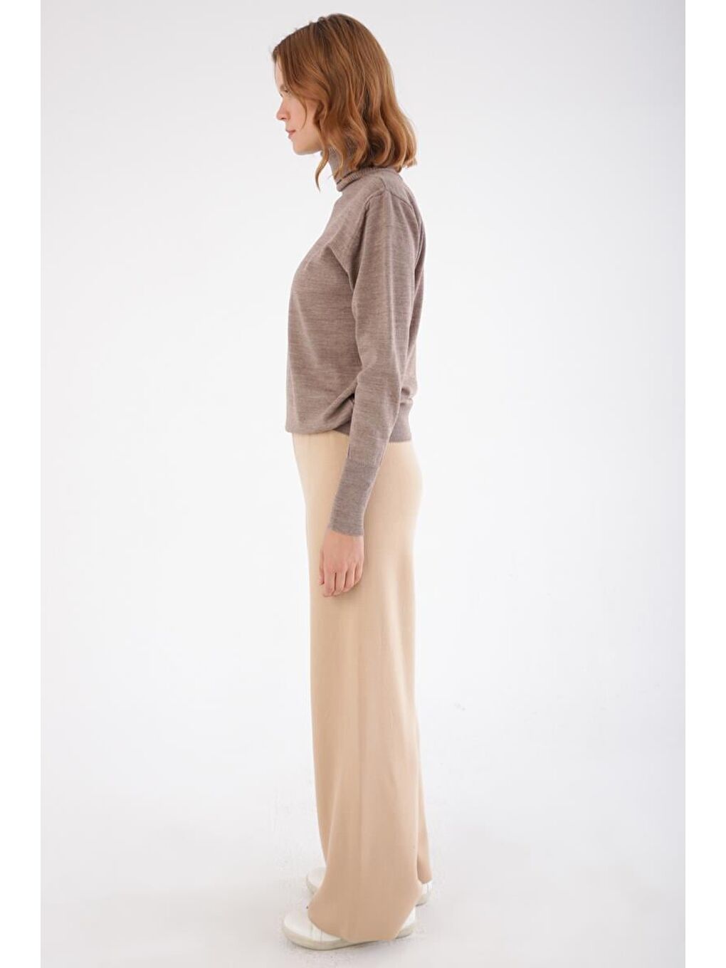 Bej Vizon Balıkçı Yaka Kısa Triko Kazak-2