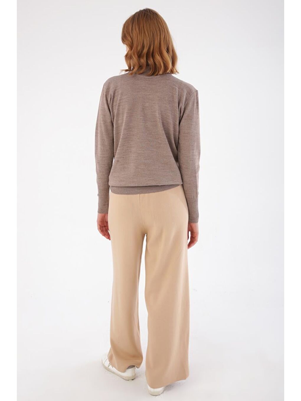 Bej Vizon Balıkçı Yaka Kısa Triko Kazak-3