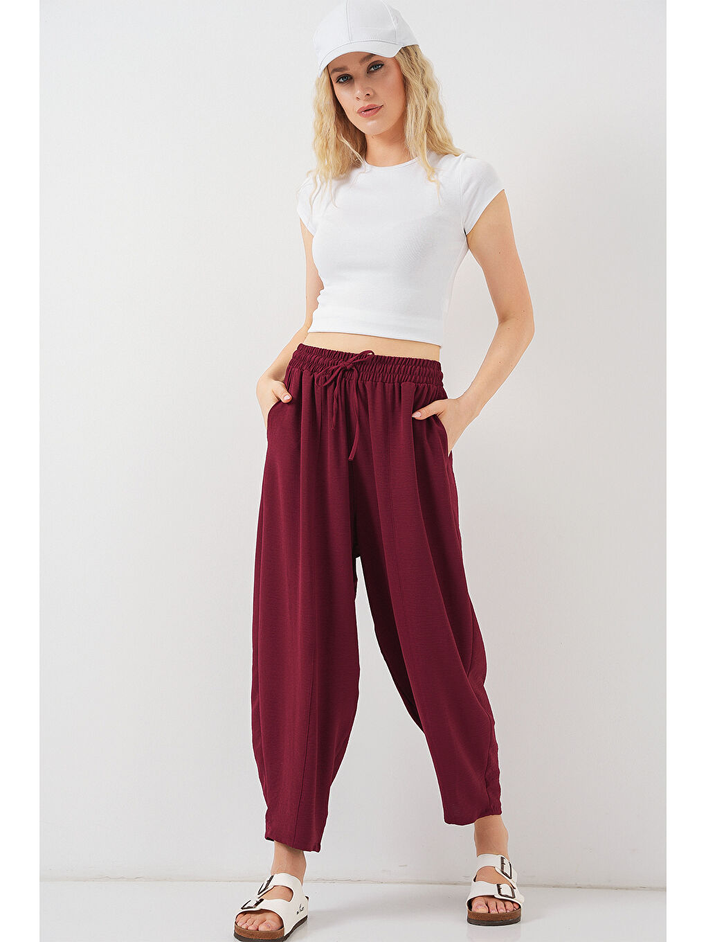 6591 Dokuma Şalvar Pantolon - Bordo