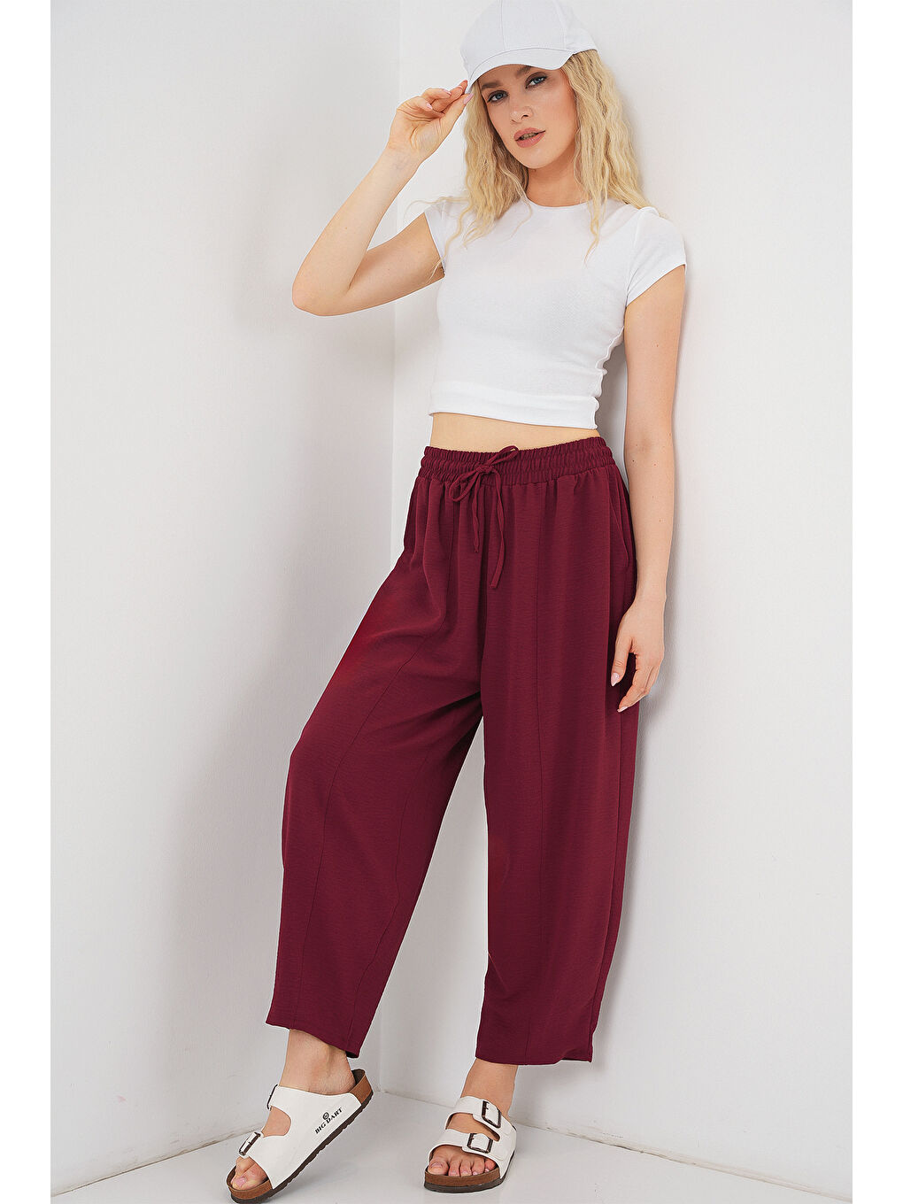 6591 Dokuma Şalvar Pantolon - Bordo-1