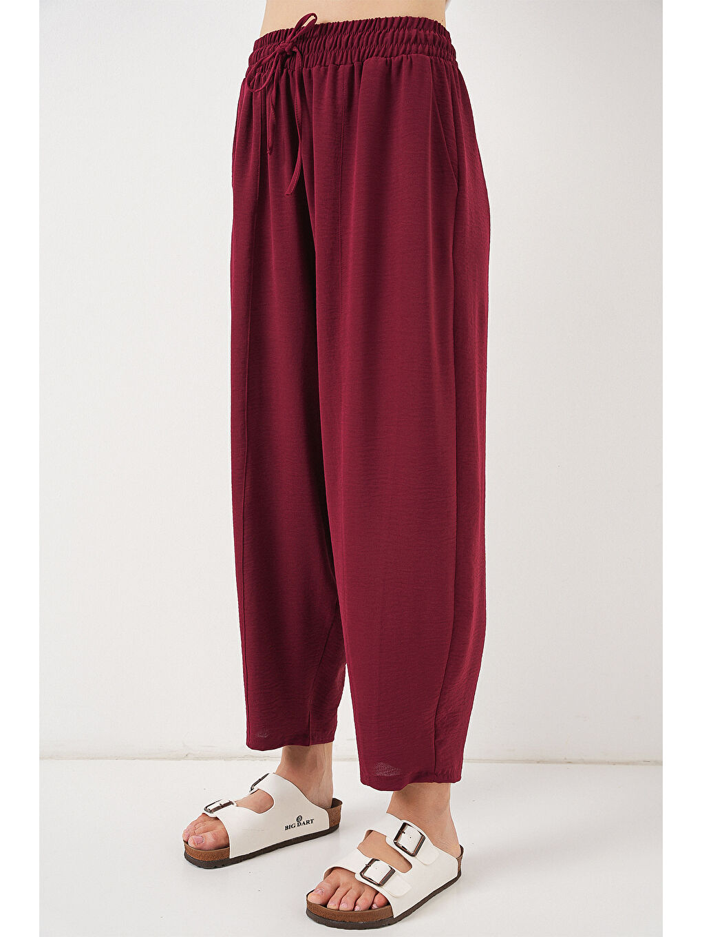 6591 Dokuma Şalvar Pantolon - Bordo-2