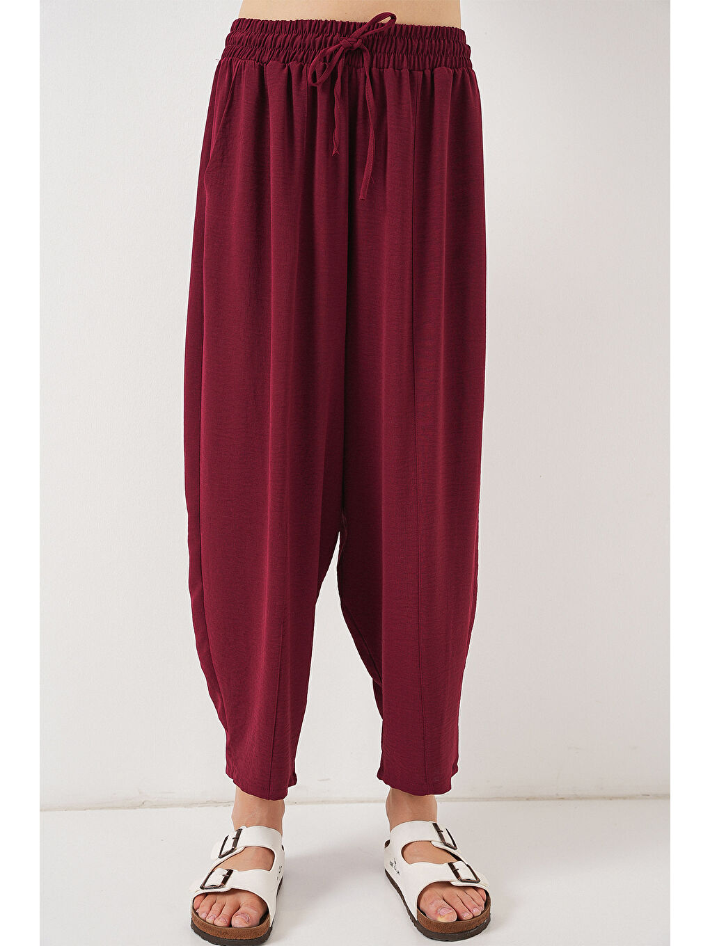 6591 Dokuma Şalvar Pantolon - Bordo-3