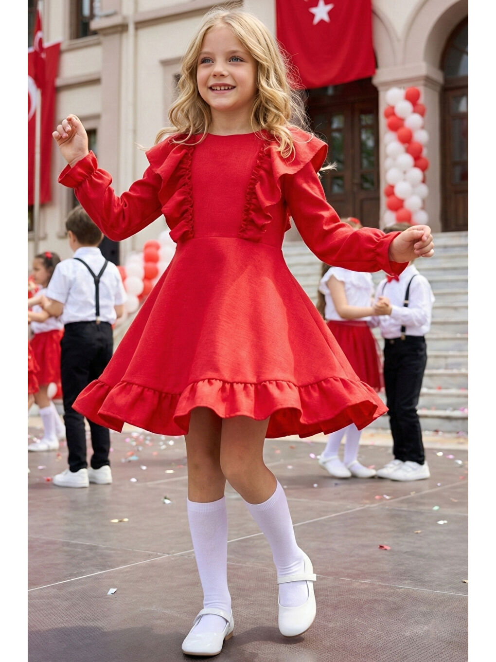 Kırmızı Kız Çocuk Fiyonklu Fırfırlı Keten Elbise