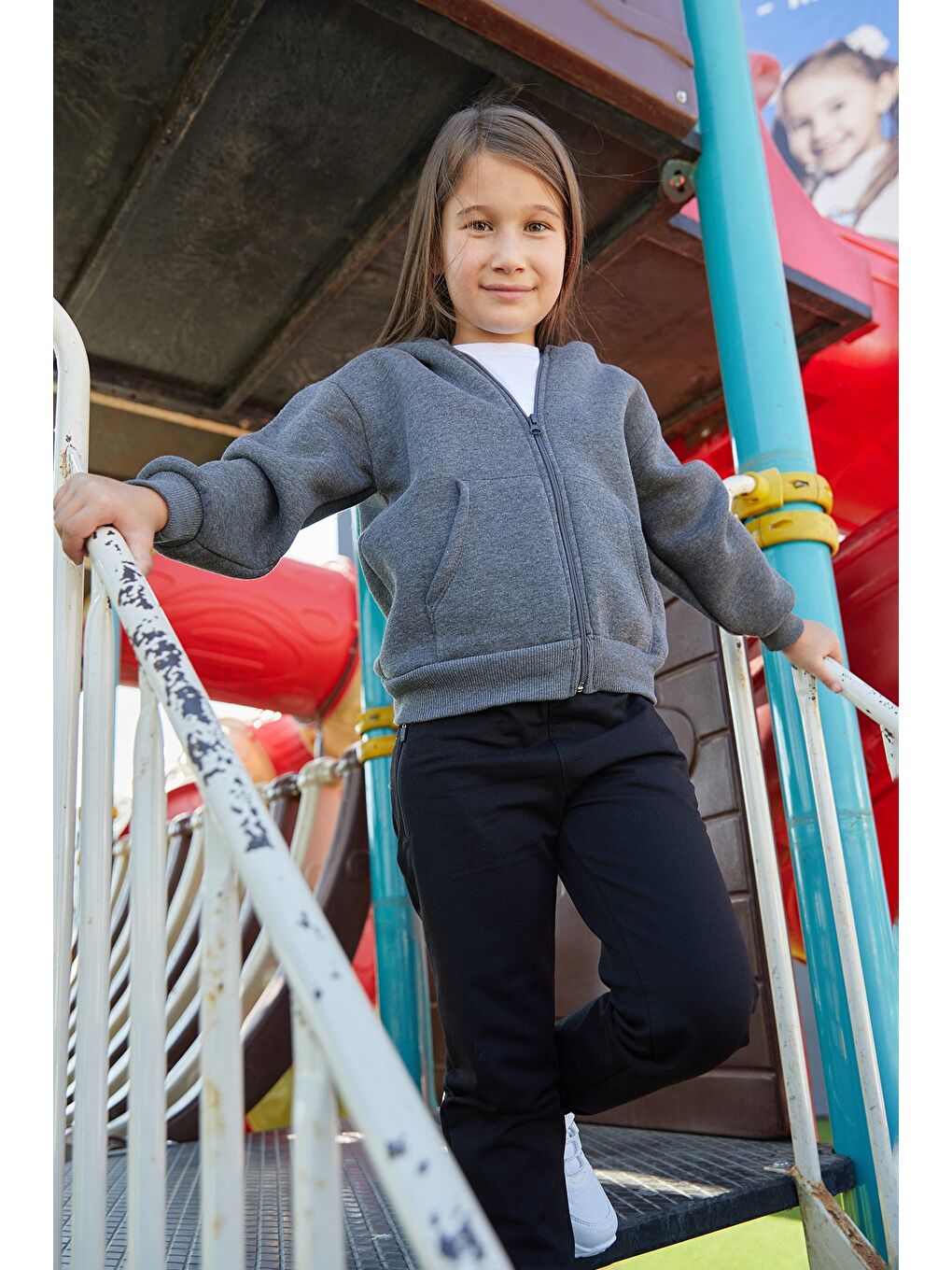 Antrasit Kapüşonlu Fermuarlı Unisex Çocuk Sweatshirt