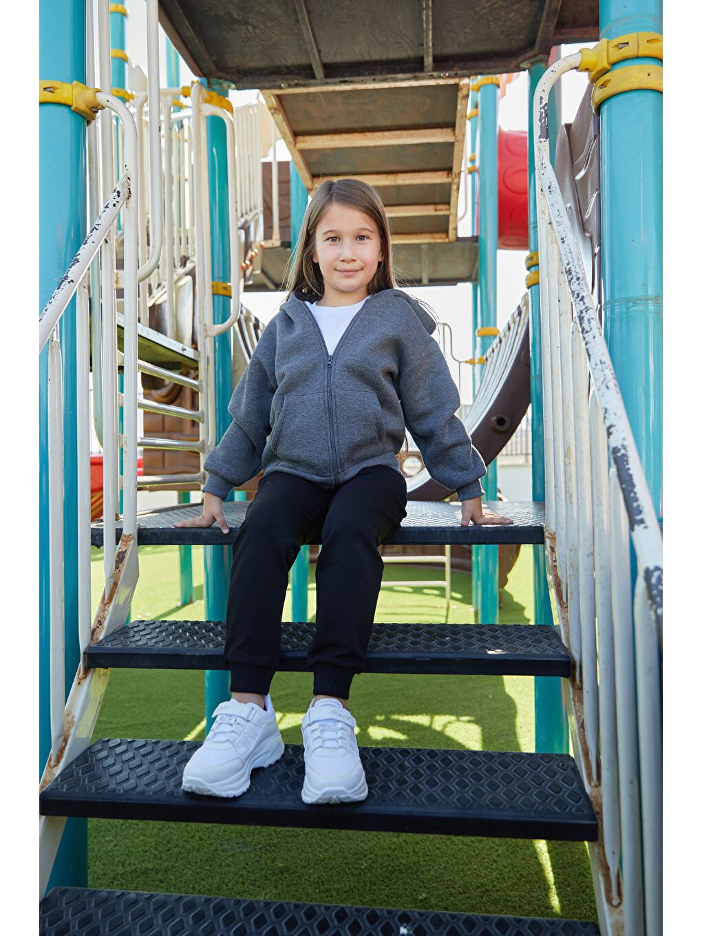 Antrasit Kapüşonlu Fermuarlı Unisex Çocuk Sweatshirt-1