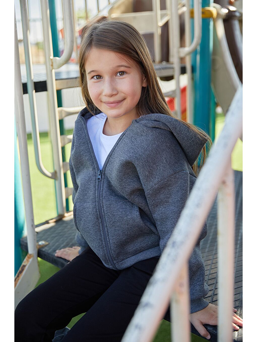 Antrasit Kapüşonlu Fermuarlı Unisex Çocuk Sweatshirt-2