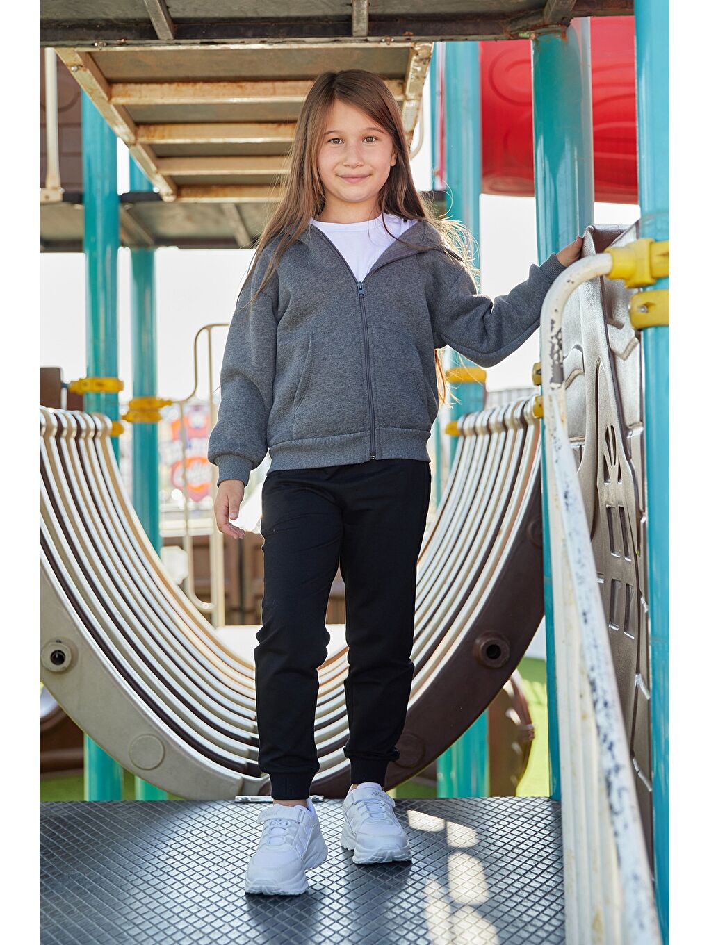 Antrasit Kapüşonlu Fermuarlı Unisex Çocuk Sweatshirt-3