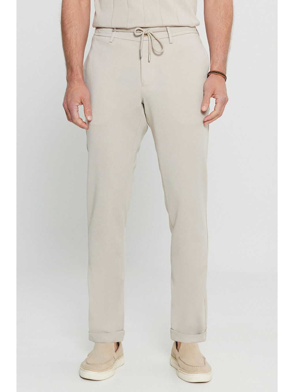 Erkek Bej Slim Fit Dar Kesim Beli Bağlamalı Yan Cep Esnek Casual Pantolon-1