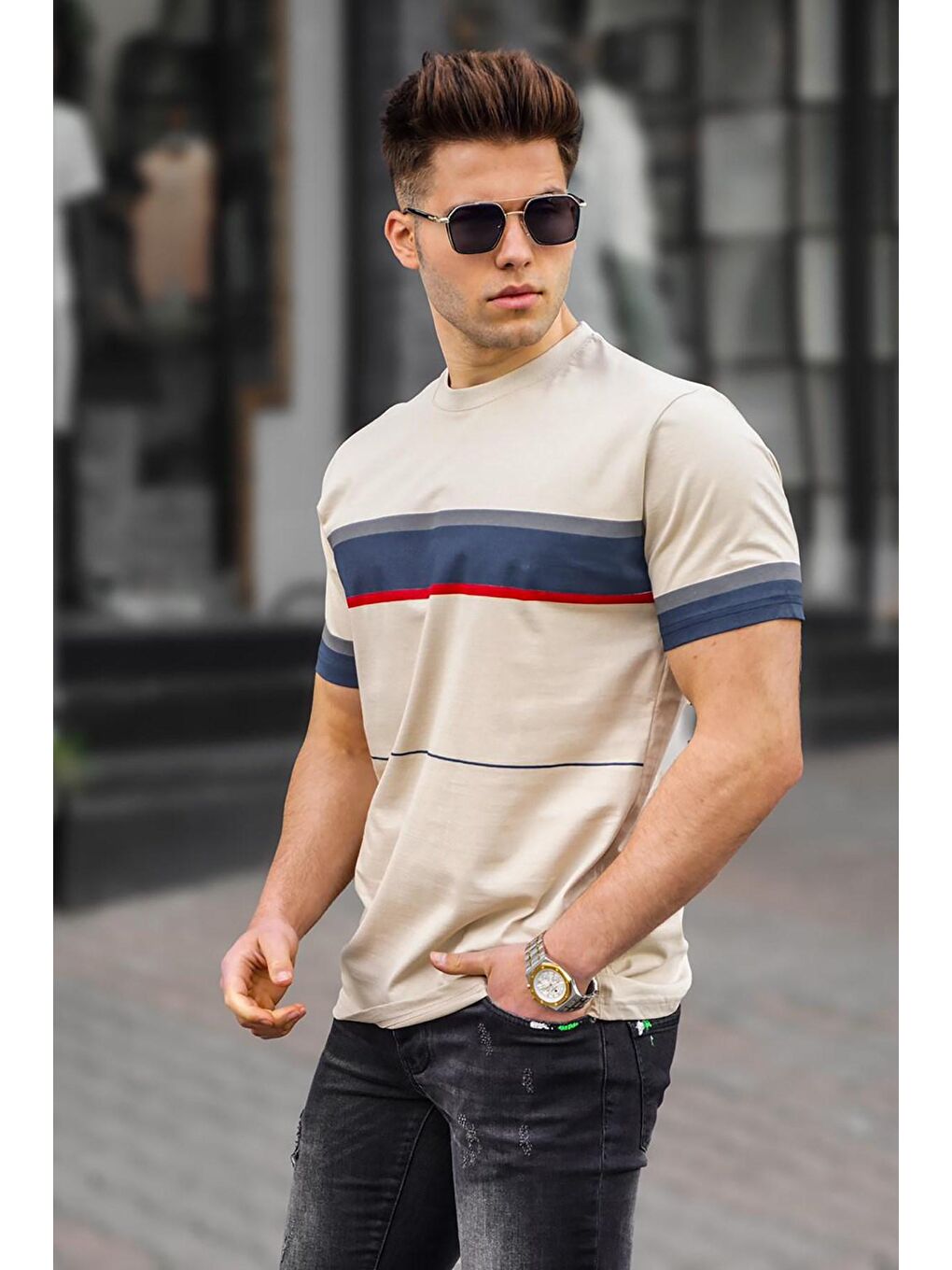 Erkek Bej %100 Pamuk Tişört 5372-1