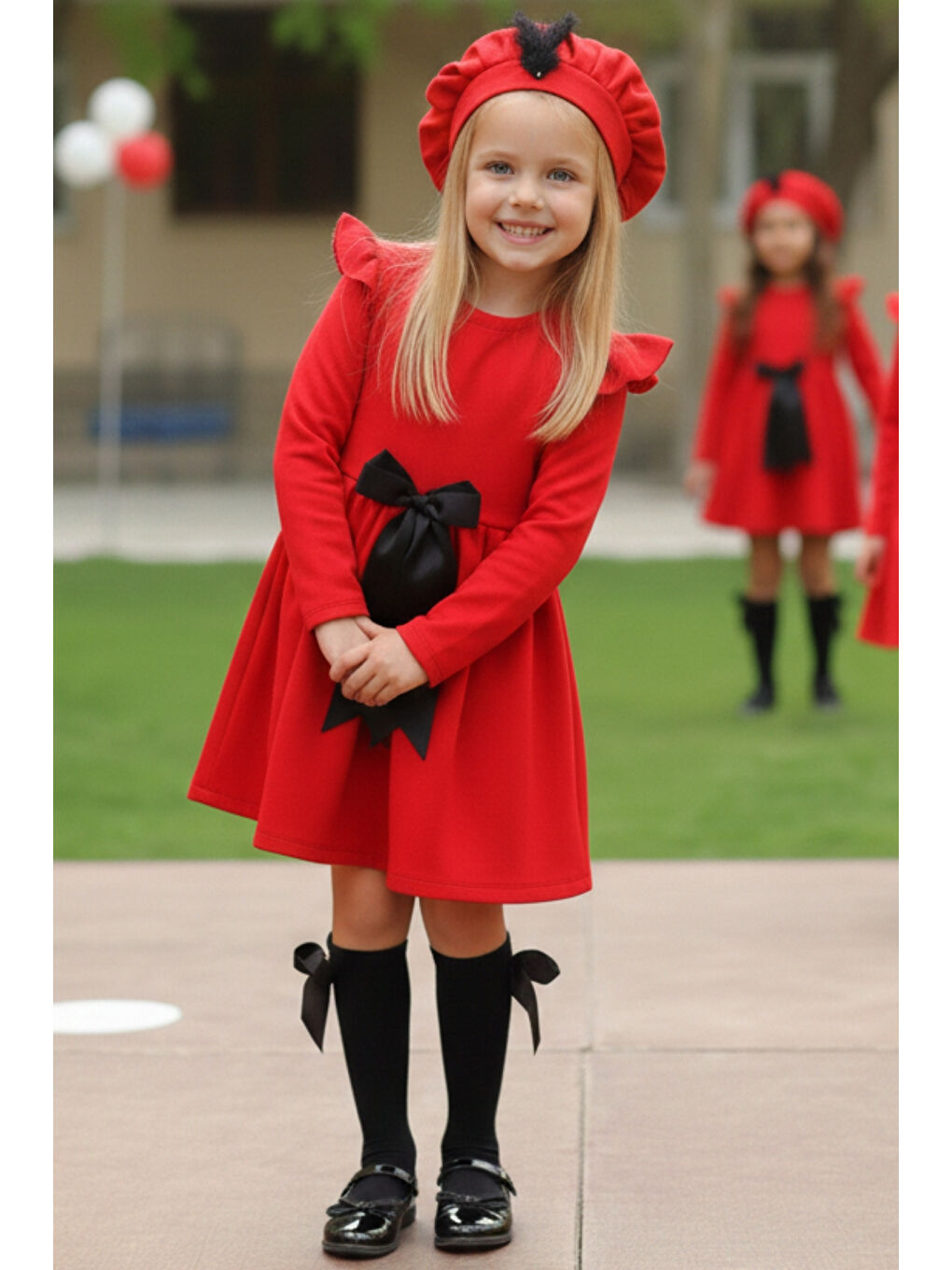 Kırmızı Kız Çocuk Pamuklu Fiyonk Detaylı Elbise-1