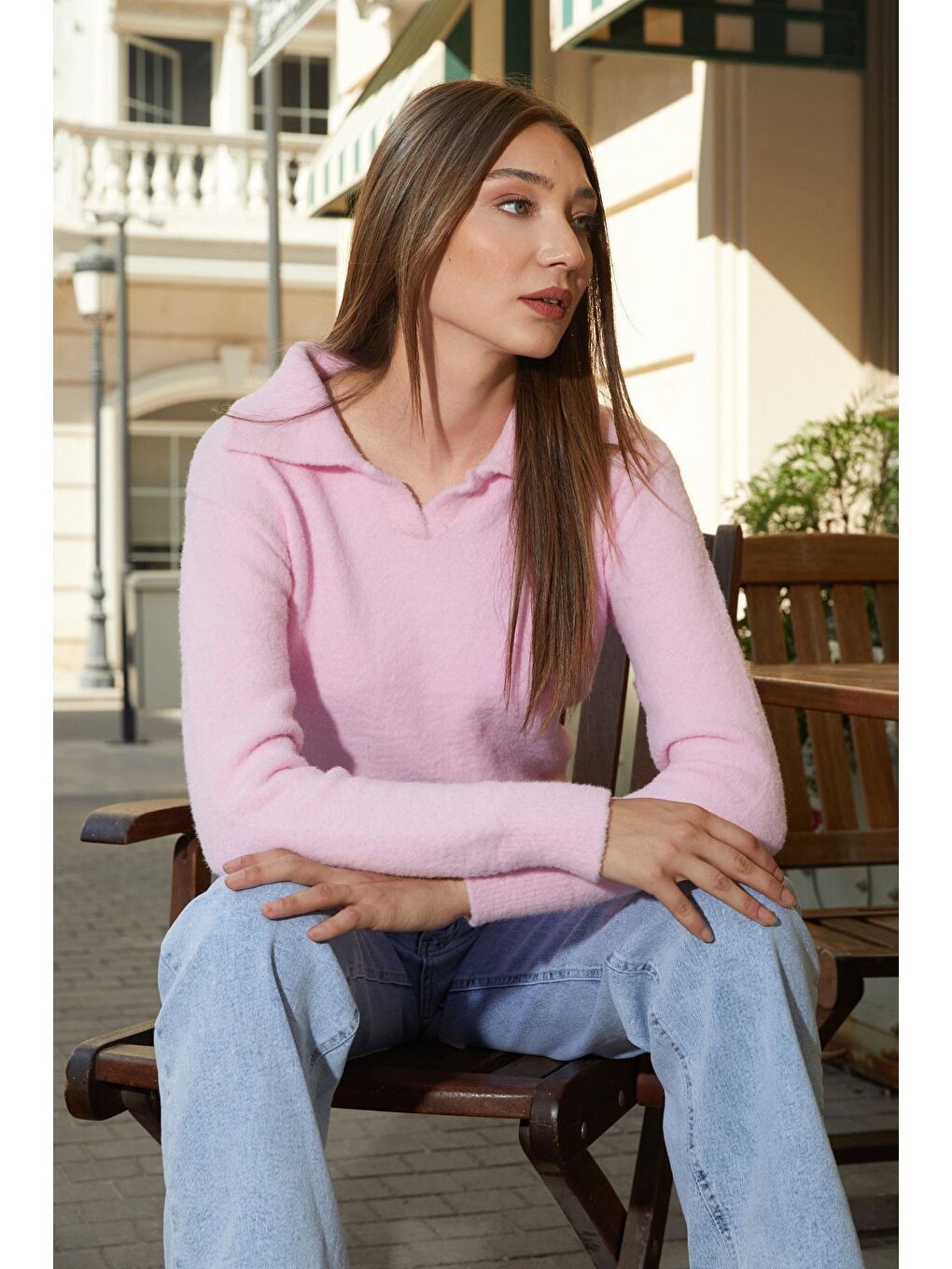 Pembe Basic Gömlek Yaka Sakallı Kazak-1