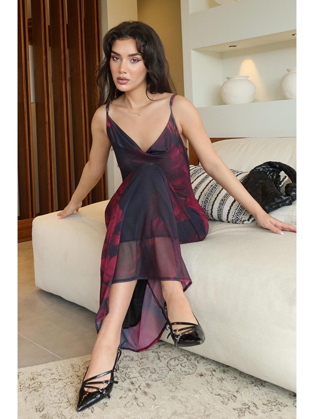 Mor Desenli Ayarlanabilir Askılı Kadın Elbise Mg2385-3