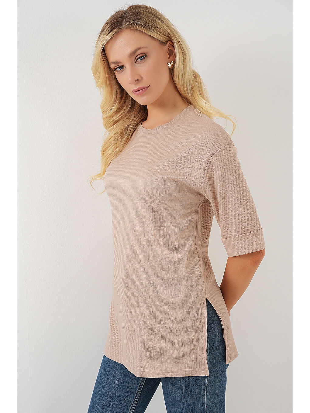 Bej 4332 Yanı Yırtmaçlı Örme Tişört - Bisküvi-2