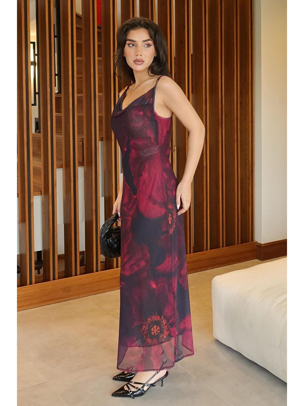 Mor Desenli Ayarlanabilir Askılı Kadın Elbise Mg2385-4