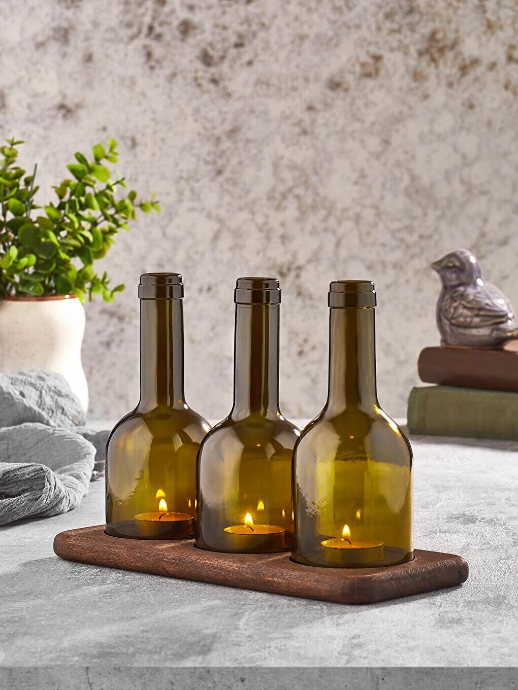 Kahverengi Winy 3'lü Şişe Tealight Mumluk Masaüstü Aksesuar
