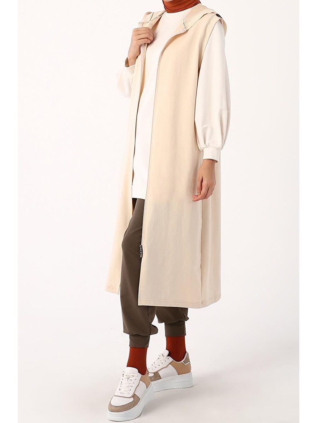 Yeni Bej Omuz Şeritli Fermuarlı Yelek-4