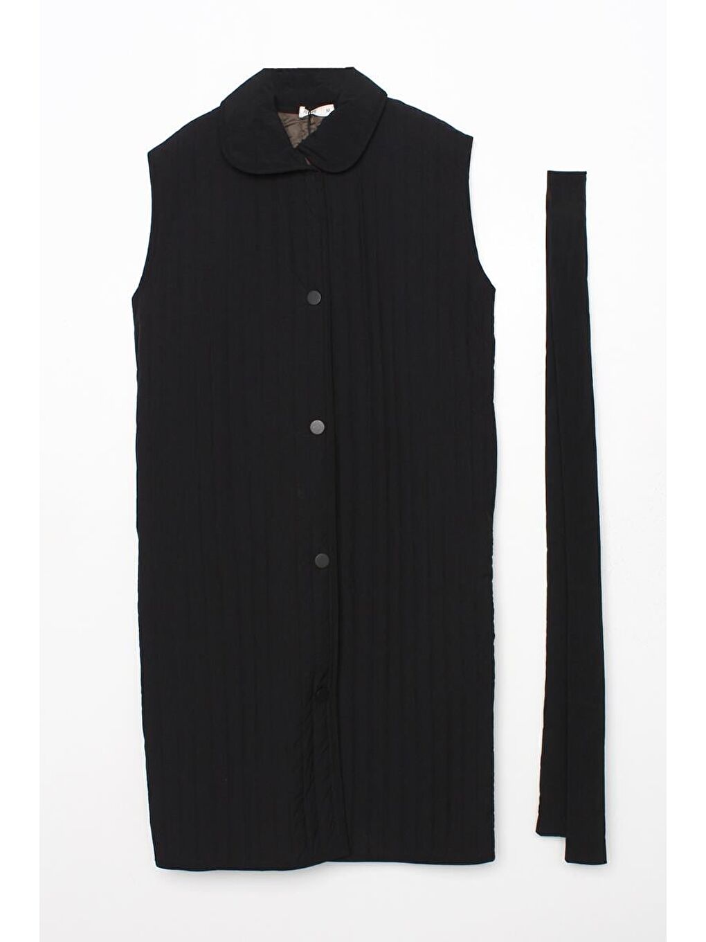 Siyah Oversize Çıtçıtlı Dikey Çizgi Uzun Şişme Yelek-5