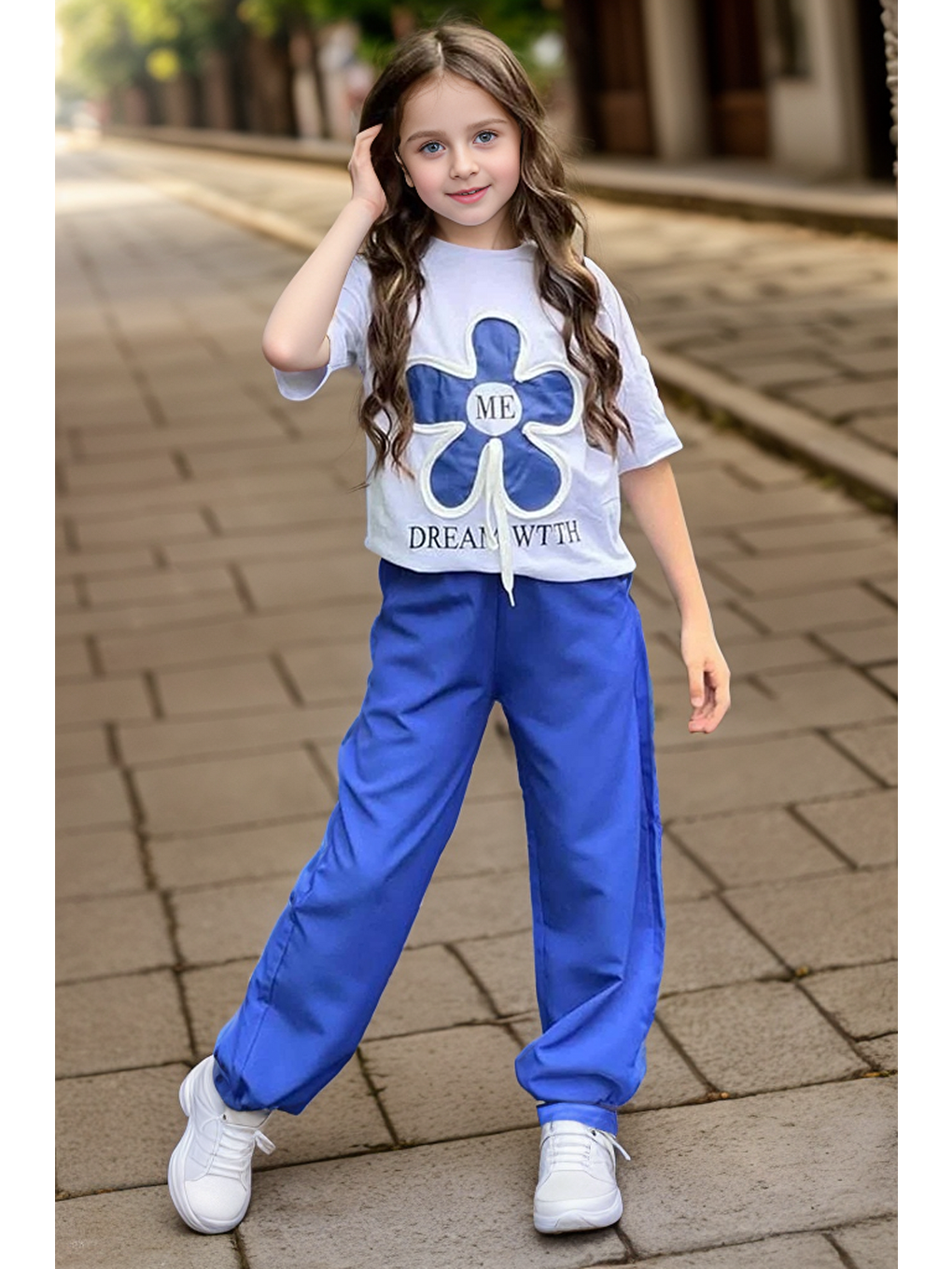 Kız Çocuk Bisiklet Yakalı Yazı Baskılı İp Detaylı Mavi Eşofman Takım