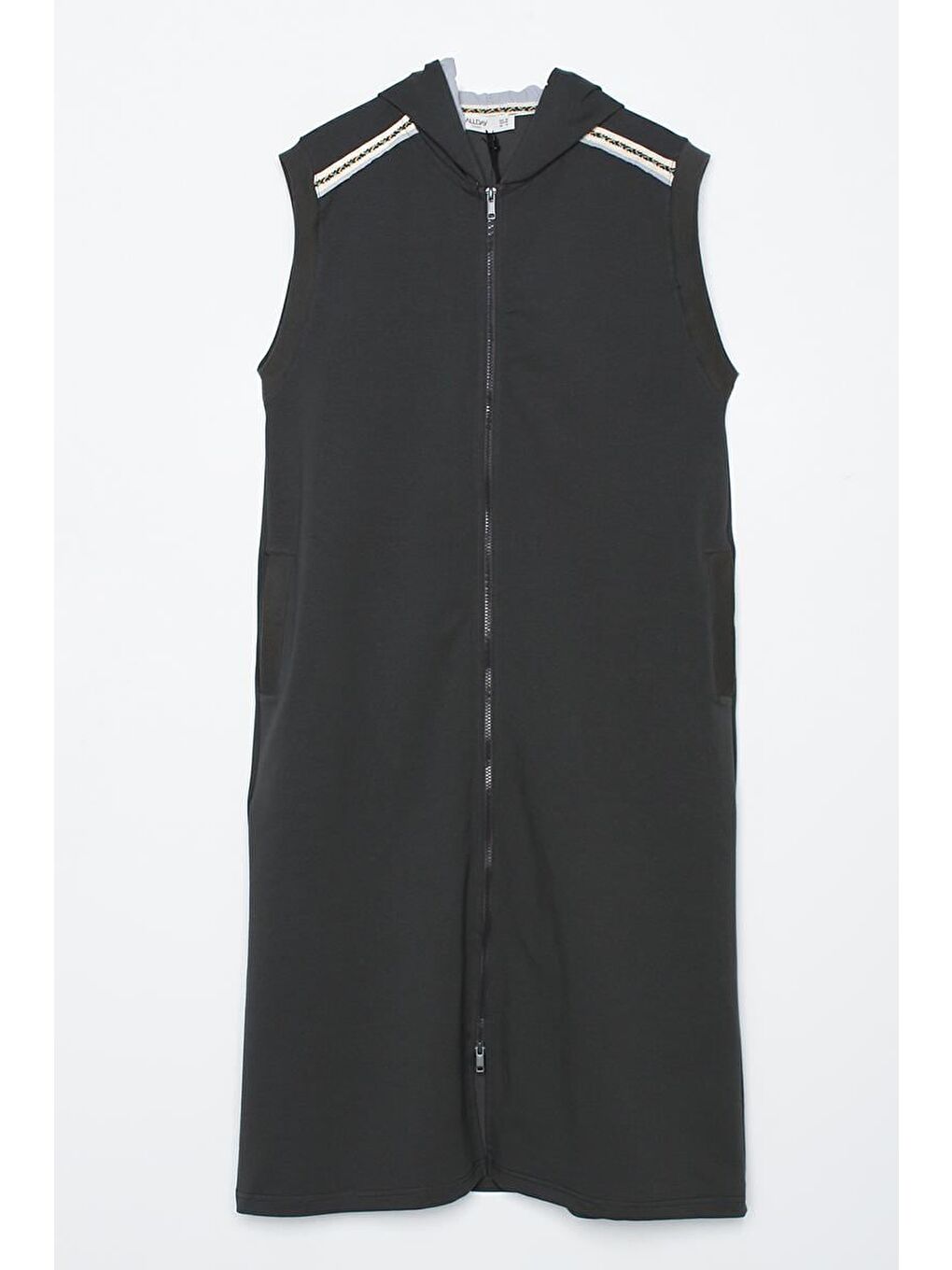 Antrasit Dokuma Garnili Şerit Detaylı Kapüşonlu Yelek-4