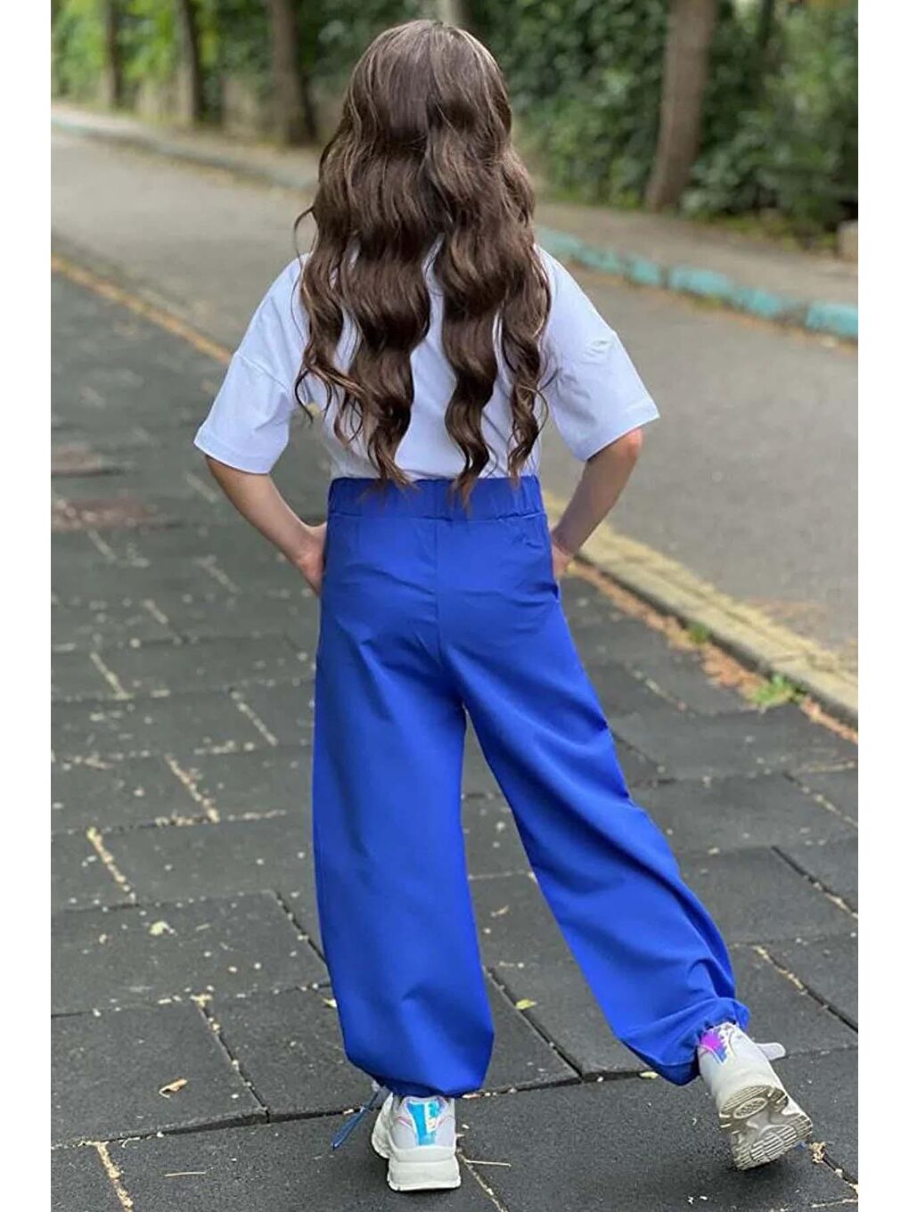 Kız Çocuk Bisiklet Yakalı Yazı Baskılı İp Detaylı Mavi Eşofman Takım-1