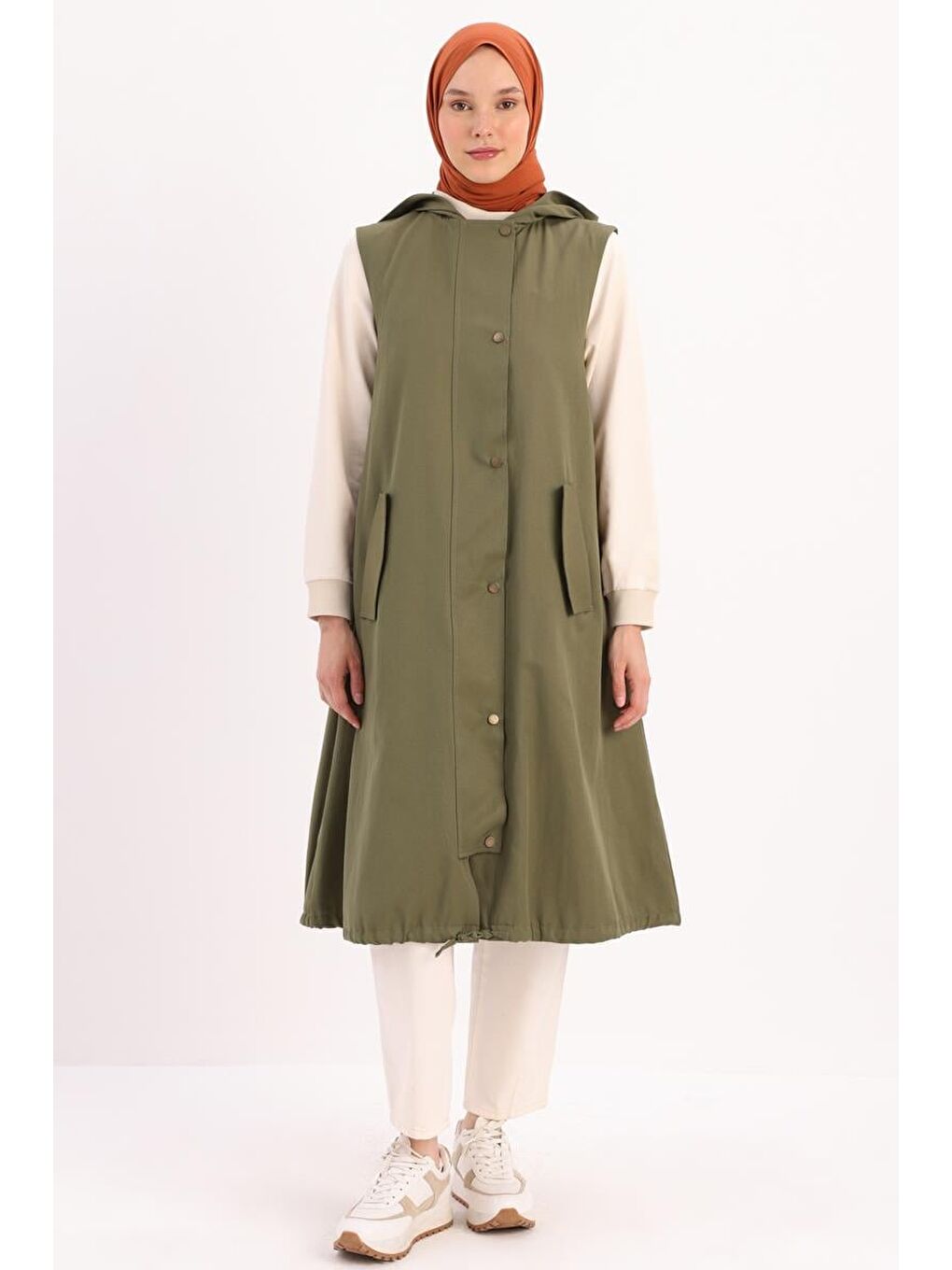 Haki Kapüşonlu Çıtçıtlı Yelek-1