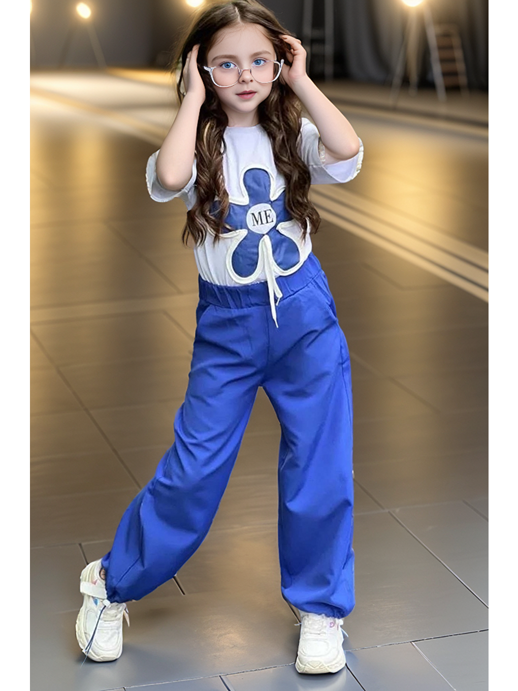 Kız Çocuk Bisiklet Yakalı Yazı Baskılı İp Detaylı Mavi Eşofman Takım-2