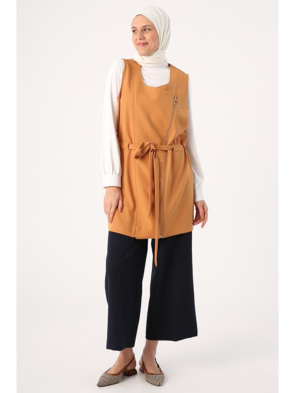 Sarı Hardal-Fermuarlı Kemerli Yelek-2