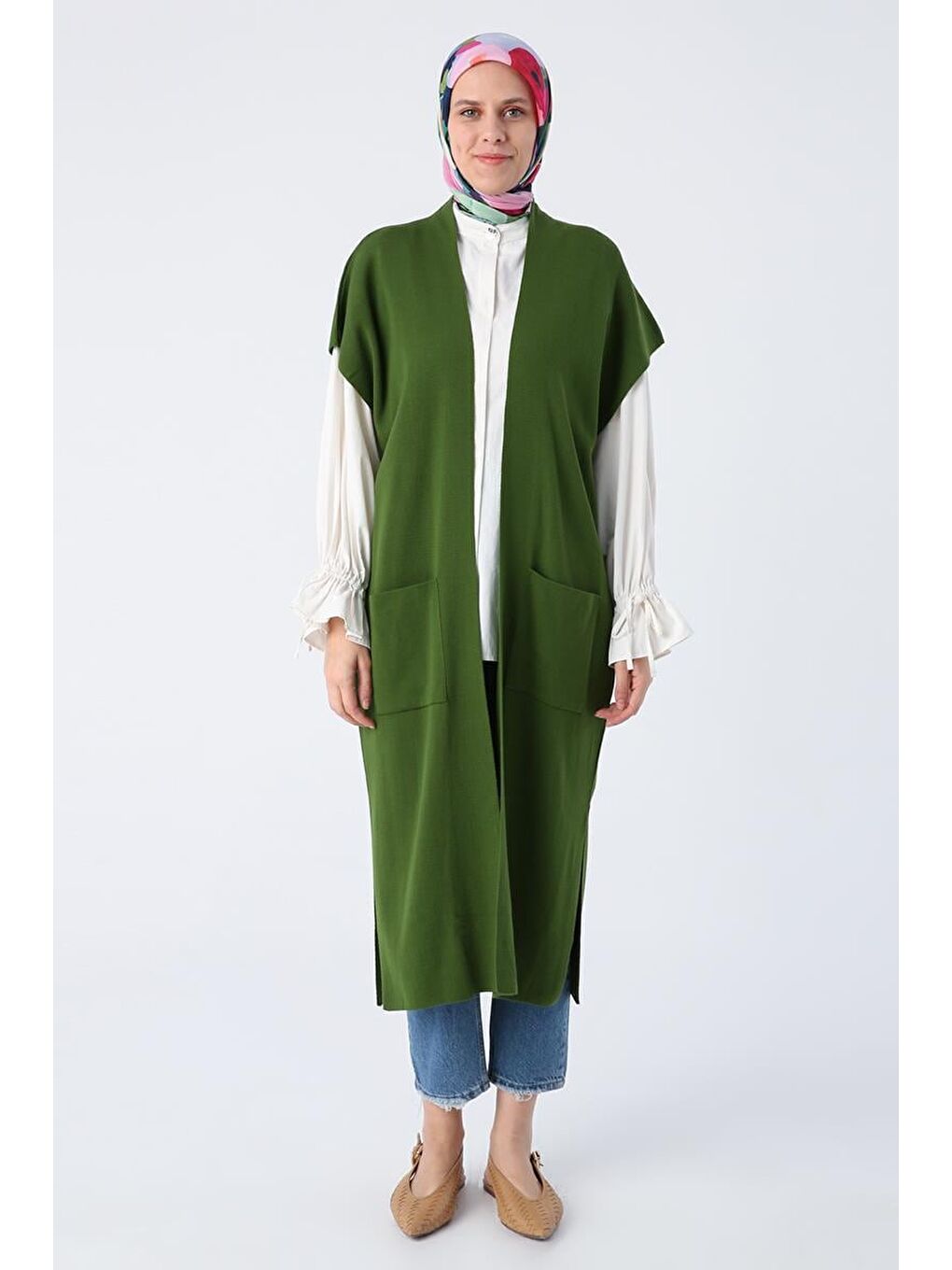 Koyu Yeşil Cepli Uzun Triko Yelek-1