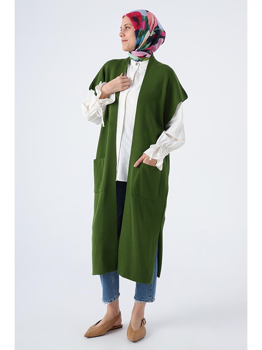 Koyu Yeşil Cepli Uzun Triko Yelek-2