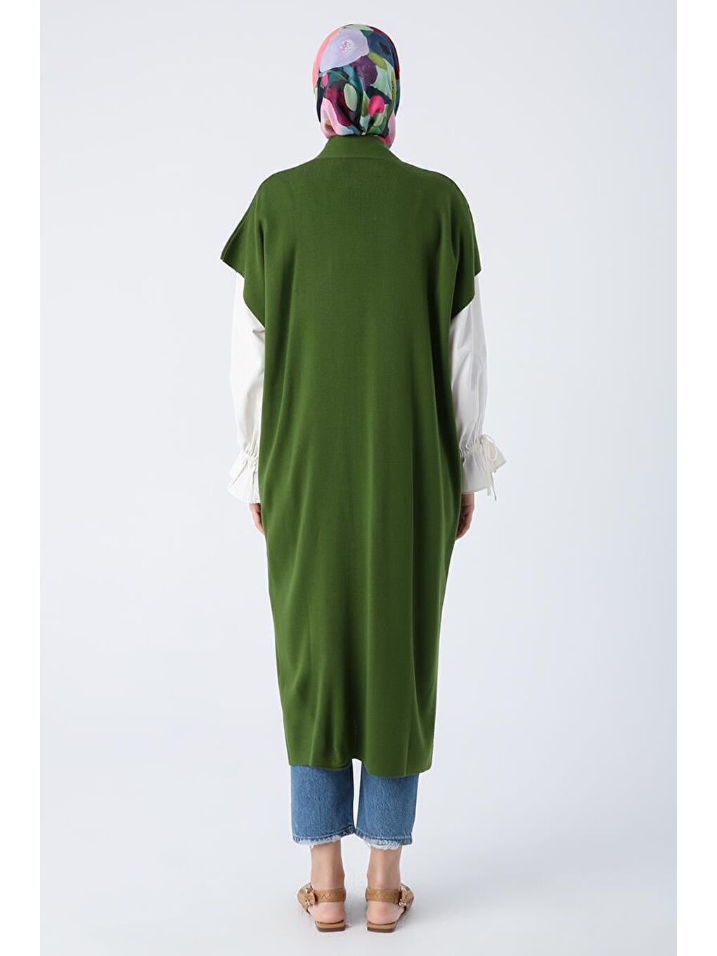 Koyu Yeşil Cepli Uzun Triko Yelek-3