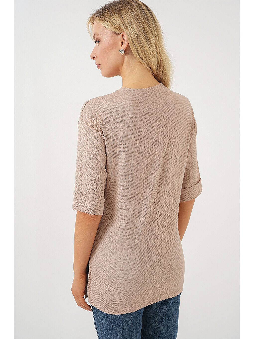 Bej 4332 Yanı Yırtmaçlı Örme Tişört - Bisküvi-5