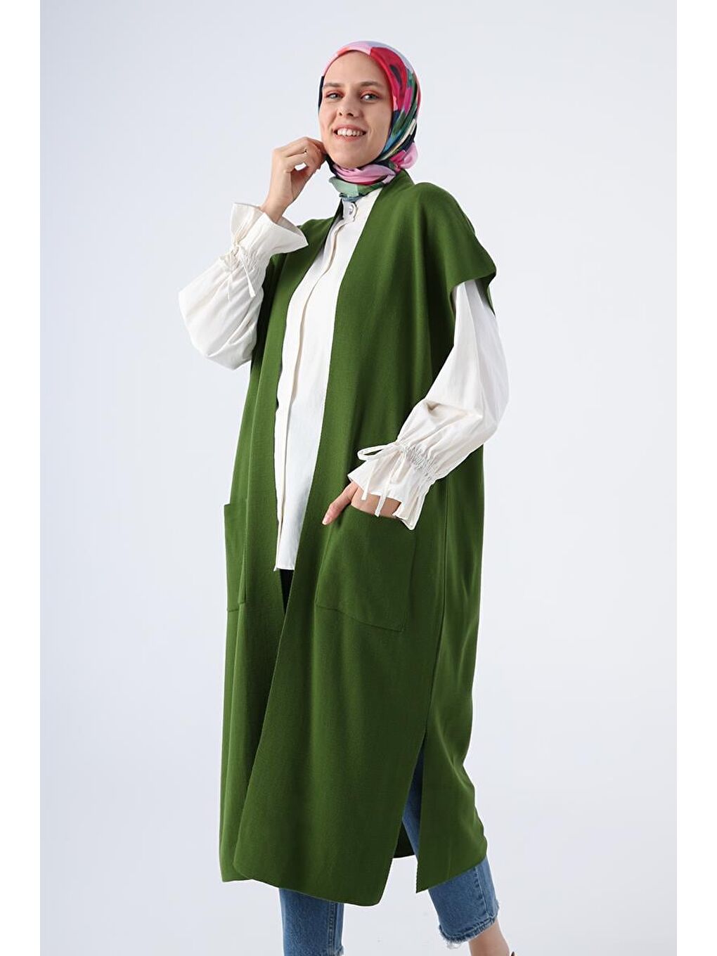 Koyu Yeşil Cepli Uzun Triko Yelek-4