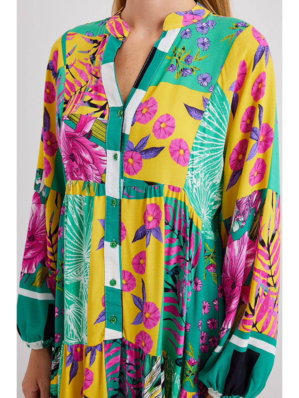 2423 Otantik Desenli Tesettür Elbise - E.Yeşil-5