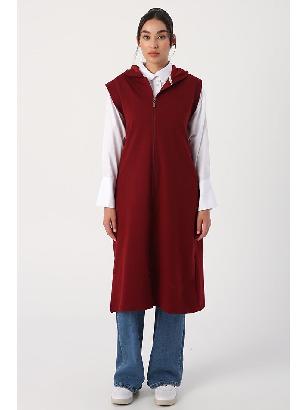 Bordo-Omuz Şeritli Fermuarlı Elastanlı Yelek-1