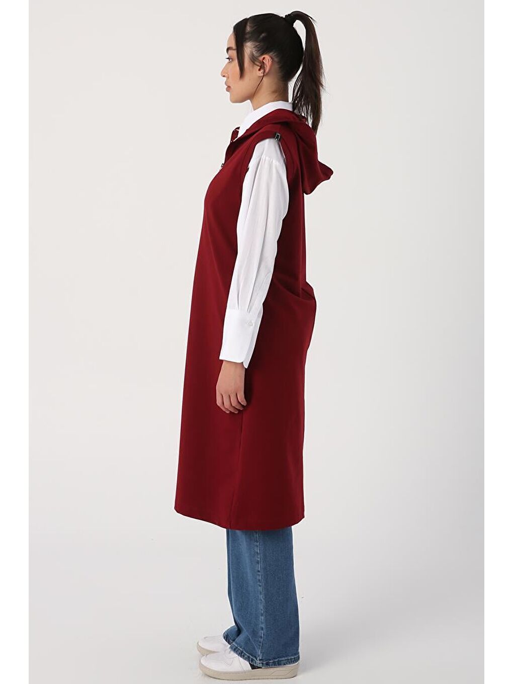 Bordo-Omuz Şeritli Fermuarlı Elastanlı Yelek-2