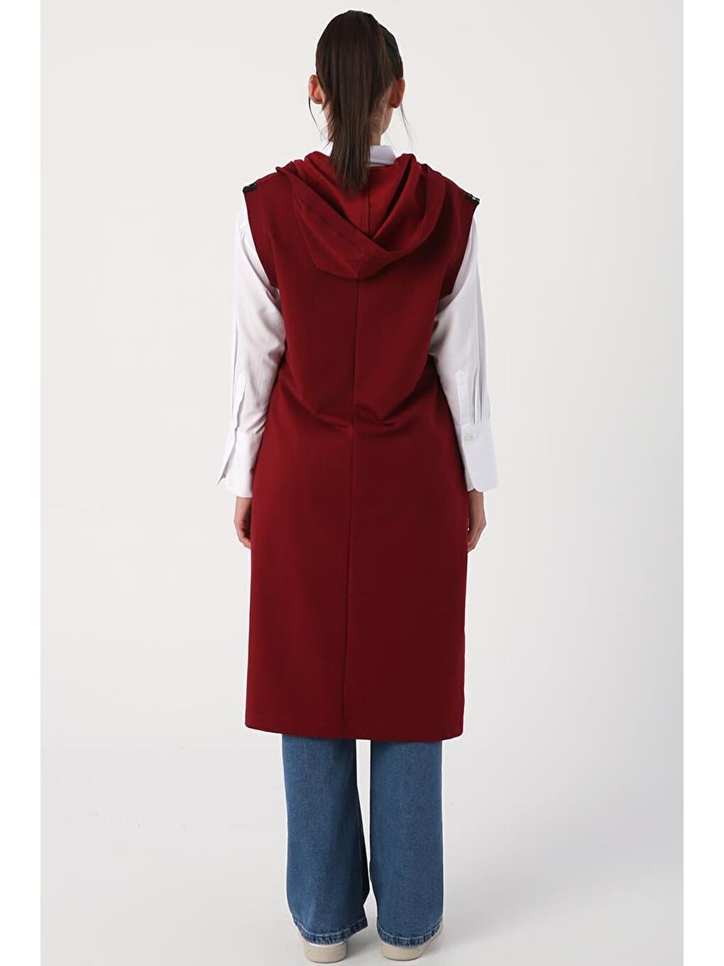 Bordo-Omuz Şeritli Fermuarlı Elastanlı Yelek-3