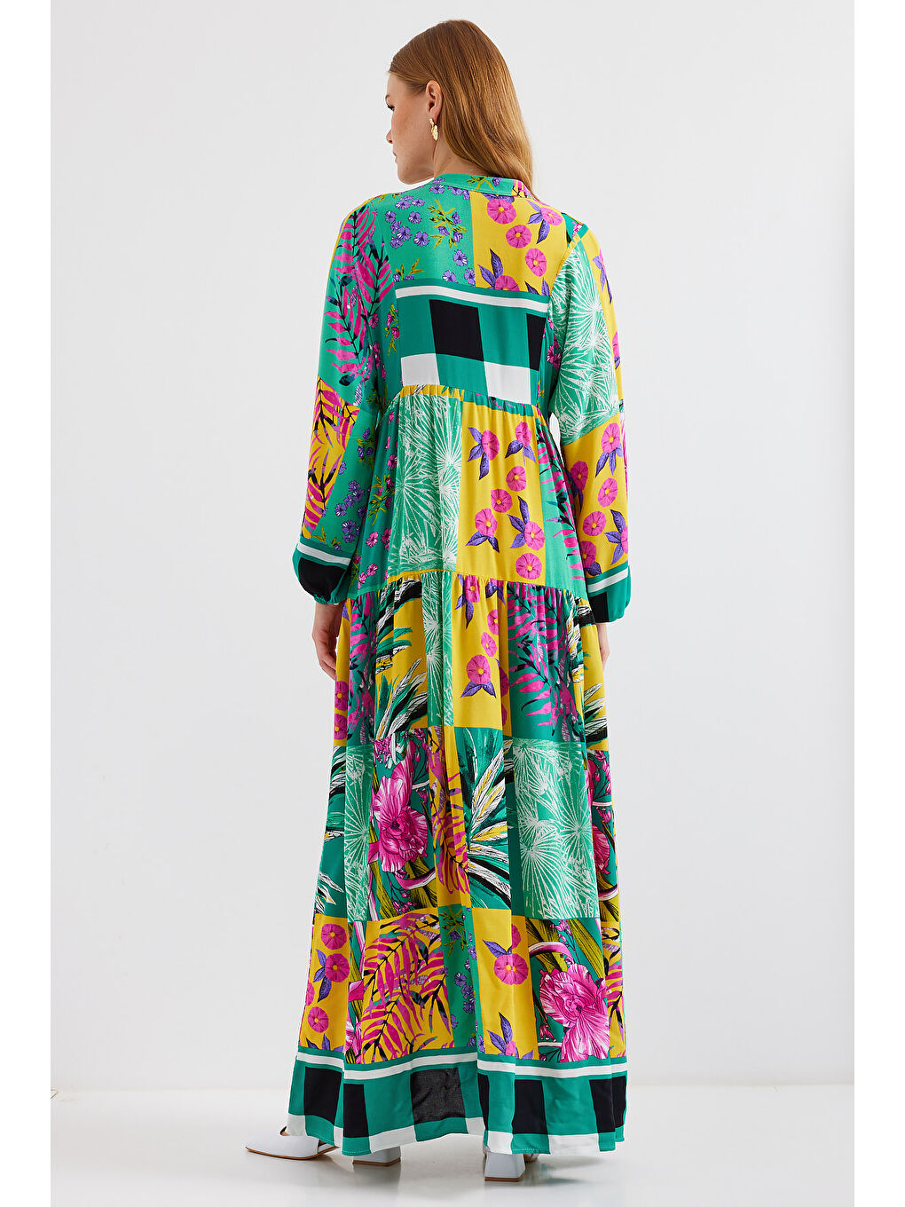 2423 Otantik Desenli Tesettür Elbise - E.Yeşil-6