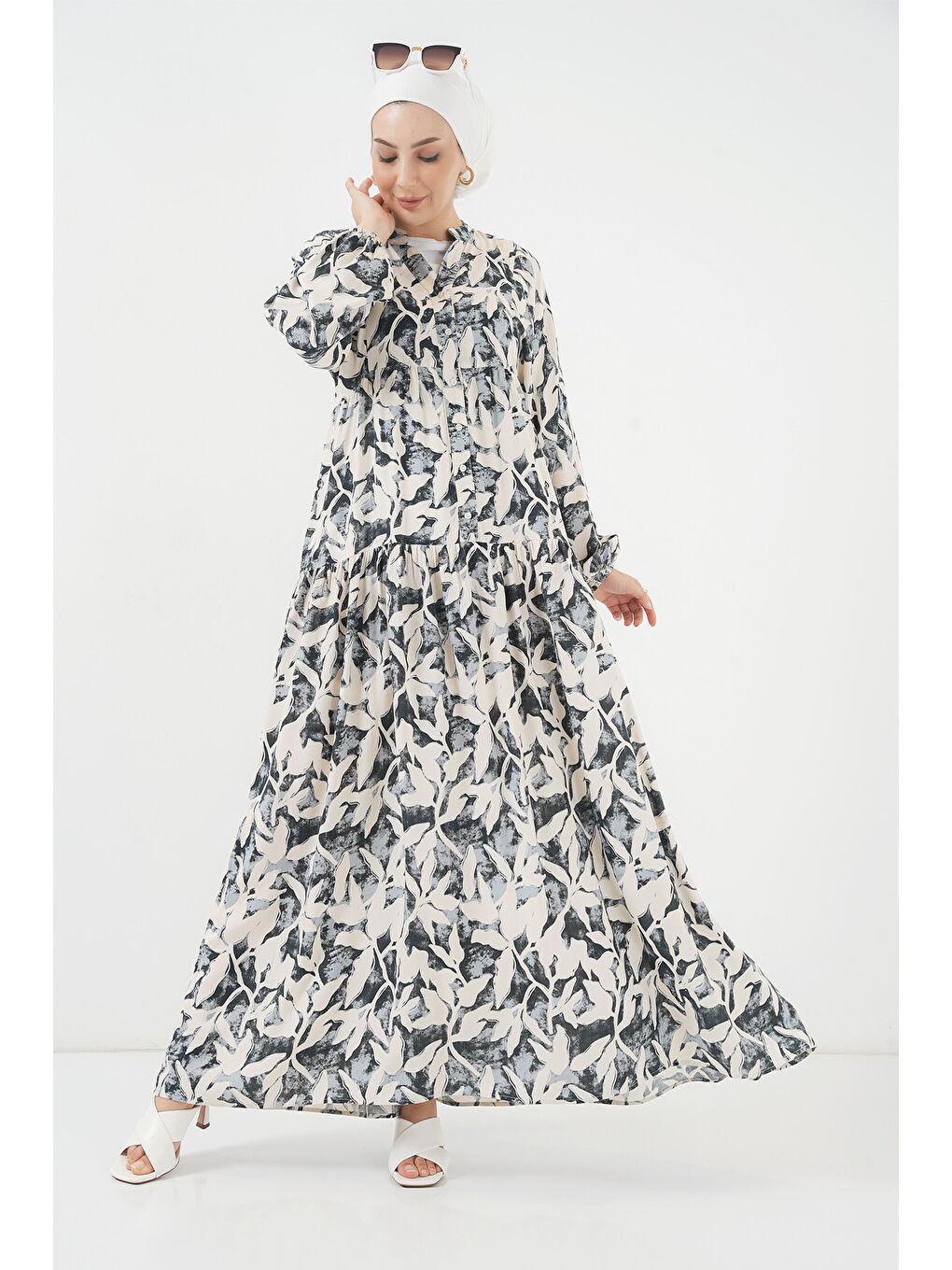 2423 Otantik Desenli Tesettür Elbise - V. Antrasit