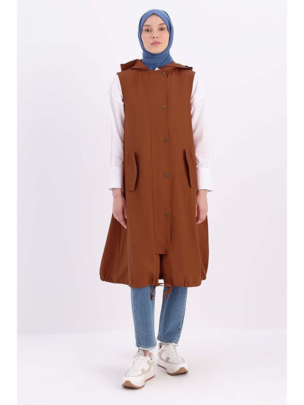 Kahverengi Kiremit Kapüşonlu Çıtçıtlı Yelek-1