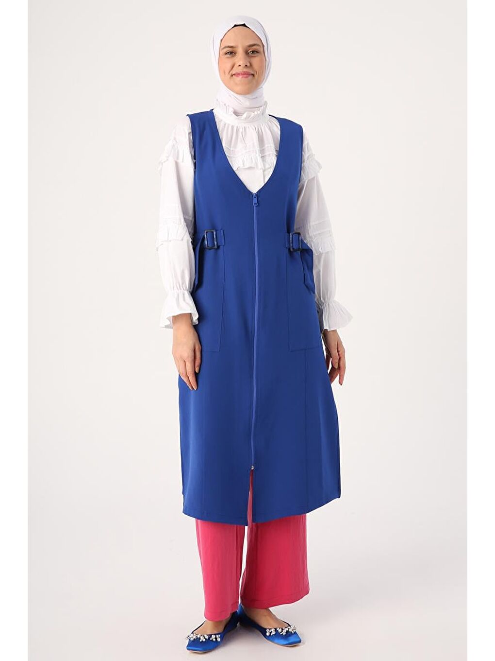 Mavi Saks-Yanları Tokalı Fermuarlı V Yaka Yelek-1