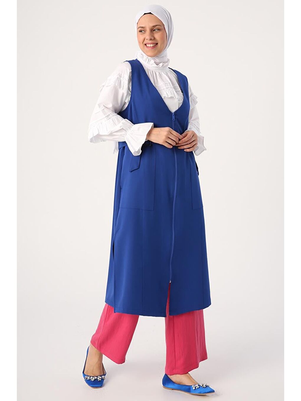 Mavi Saks-Yanları Tokalı Fermuarlı V Yaka Yelek-2